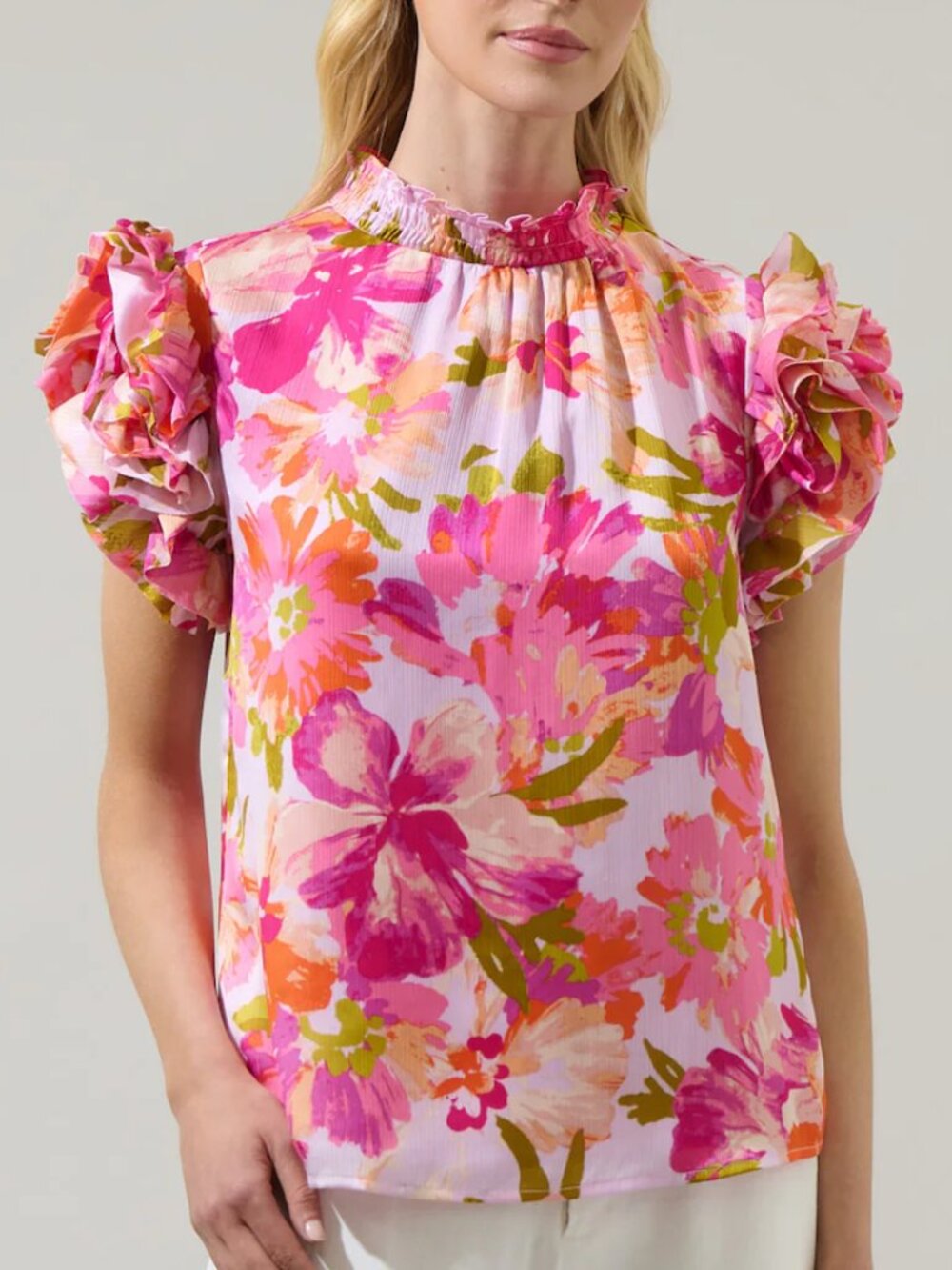 Sugarlips Abigal Floral Brenna Mock Neck Ruffle Blouse